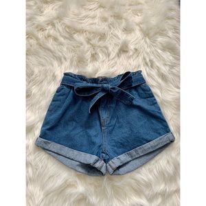 Blue denim cuffed paperbag shorts
